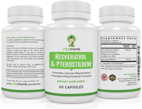 VitaMonk Resveratrol with Pterostilbene 600mg/60mg - No Artificial Fillers Healthy Aging and Longevity Supplement - 60 Capsules - Precise Formula ...