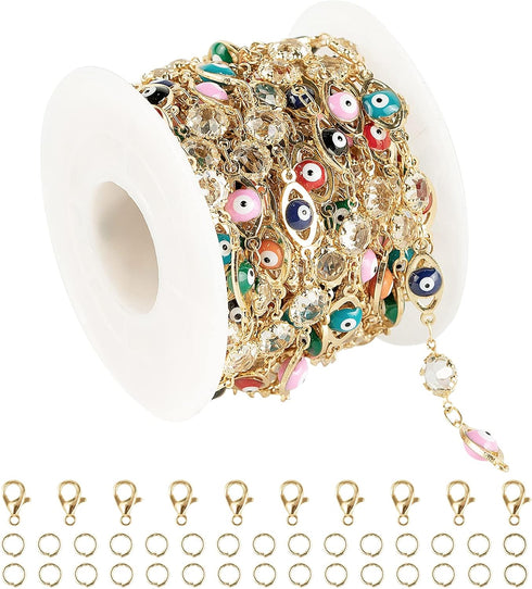 YOUBEIYEE Gold Plated Brass Bracelet Chain for Jewelry Making, Colorful Evil Eye Clear Glass Bead Rolo Chain Bulk with Jump Rings and Lobster Clas...