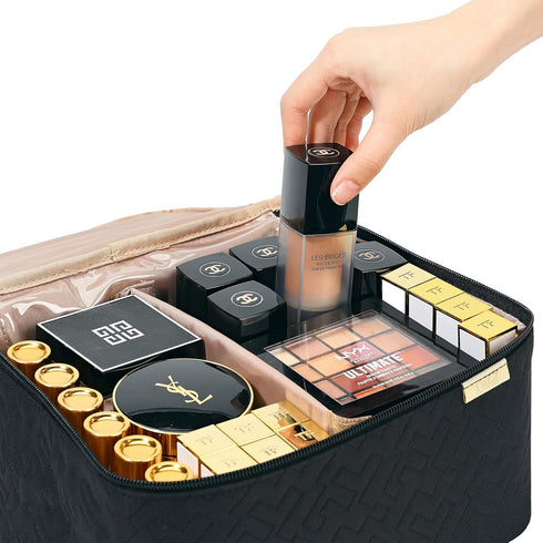 NISHEL Large Double Layer Travel Makeup Bag Women, Large Cosmetic Case, Organizer for Travel-Size Accessories Bottles, Brushes, Conditioner, and S...