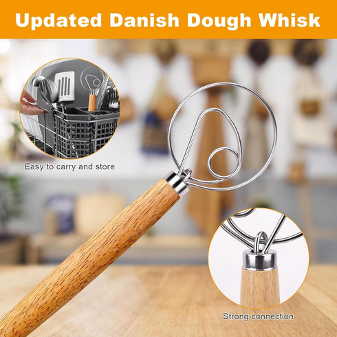 2-Pack Danish Dough Whisk, 13-Inch Bread Whisk, Dutch Whisk with Stainless Steel Ring, Dutch Bread Whisk for Sourdough, Pizza, Pastry, and Cookies...