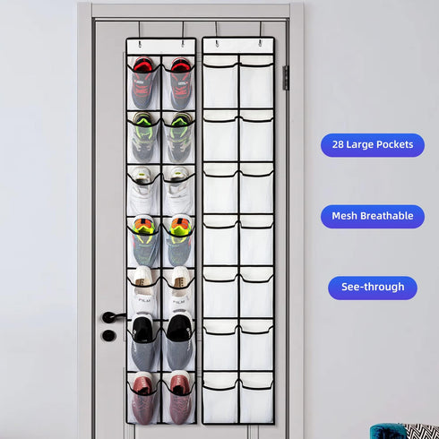 KEEPJOY Over The Door Shoe Organizer, Hanging Shoe Organizer with 4 Hooks, Shoe Holder with 14 Mesh Pockets Closet Door Shoe Storage Bag (White-2P...