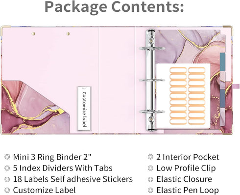 Ospelelf Mini 3 Ring Binder 2 Inch, Cute Binder for 5.5" x 8.5" with 5 Tab Dividers, File Folder Labels and Low Profile Clipboards, Pink Marble Bi...