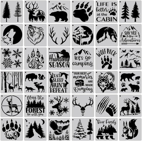36 Pcs Animal Painting Stencils Tree Stencils Template Reusable Forest Mountain Stencils Bear Wolf Deer Animal Stencil for Painting on Wood Wall R...