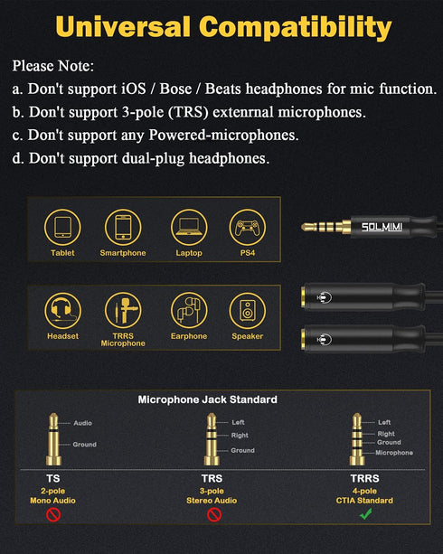 Audio Splitter 3.5mm (2 Pack),Headphone Splitter 3.5mm for 2 Headphones,4 Pole Trrs Braided 3.5 Mm Splitter One Male Two Female for Headset Pc Sma...