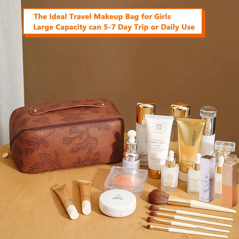 Travel Makeup Bags Cosmetic Organizer Case, Large Capacity Toiletry Bag for Women, PU Leather Waterproof Portable Makeup Pouch, Flat Lay Make Up O...