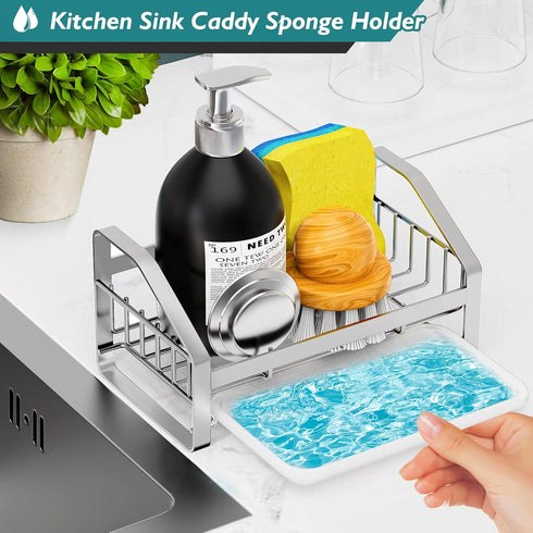 Sink Caddy, Sponge Holder for Kitchen Sink, Kitchen Bathroom Sink Organizer, 304 Stainless Steel Kitchen Countertop Organizer Soap Tray with Remov...