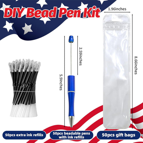 150 Pieces Independence Day Beadable Pens Kit - 4th of july Patriotic 50 Beaded Pens Bulk, Refills & Pen Bags Included - Bead Pens Black Ink Ballp...