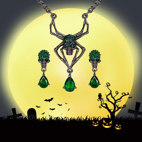 EVER FAITH Halloween Jewelry Set Vintage Gothic Spider Skull Round Crystal Pendant Necklace Drop Earrings Set for Women...