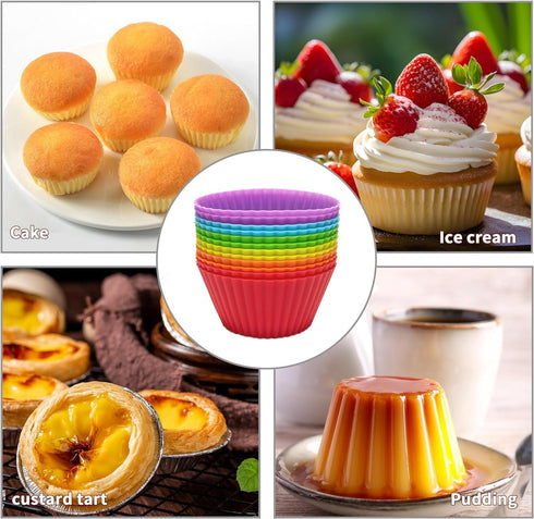 Silicone Baking Cups Round 12 Pack 2.75 inches Cups, Reusable Muffin Liners BPA Free, Non-stick Cake Cup Mold Set Multicolor by Mikim...