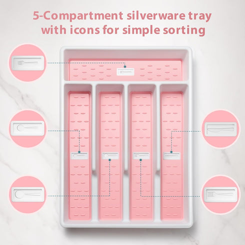 Silverware Organizer with Icons?Plastic Cutlery silverware Tray for Drawer?Utensil Flatware Tableware Organizer for Kitchen with Non-slip TPR,Fits...