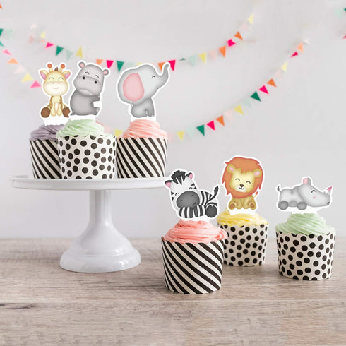 Pretty Cute Studios 48 Count Jungle Cupcake and Cake Toppers – Includes 8 Giraffes, 8 Zebras, 8 Elephants, 8 Lions, 8 Hippos, and 8 Rhinos...