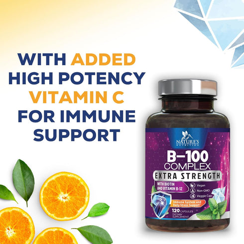 B Complex Vitamins with Vitamin B1 B2 B3 B6 B12 B100 C & Folic Acid - Supplement for Energy, Brain, & Immune Support - Super B Vitamin Complex for...