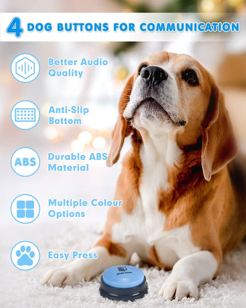 Dog Buttons for Communication, 4 Dog Talking Button Set, Speaking Buttons for Cats and Dogs, 30s Voice Recordable Pet Training Buzzer with Waterpr...