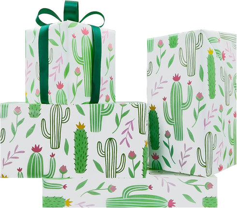 Cactus Wrapping Paper for Women Men, Green Cacti with Pink Yellow Flowers Tropical Gift Wrap Paper, 19.7x27.5 Inch Folded Flat Green Plant Art Pap...