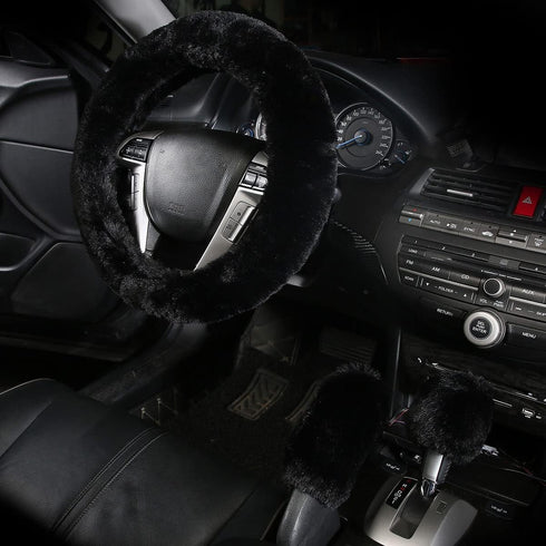 Cxtiy Warm Steering Wheel Cover with Handbrake Cover & Gear Shift Cover, Soft Fazzy Steering Wheel Wrap Faux Wool Fluffy for Winter 3 Pcs1 Set Fit...