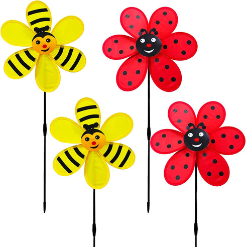 Flower Wind Spinner 4pcs Garden Pinwheels Whirligigs 11.8inch Ladybug Bee Windmill Wind Spinner Pinwheel for The Yard Garden Lawn Patio Outdoor De...