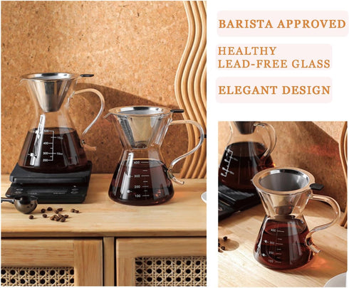 Pour Over Coffee Maker - Elegant Drip Coffee Maker with Reusable Stainless Steel Filter/Dripper, Lead-Free Borosilicate Glass Coffee Carafe for 1-...