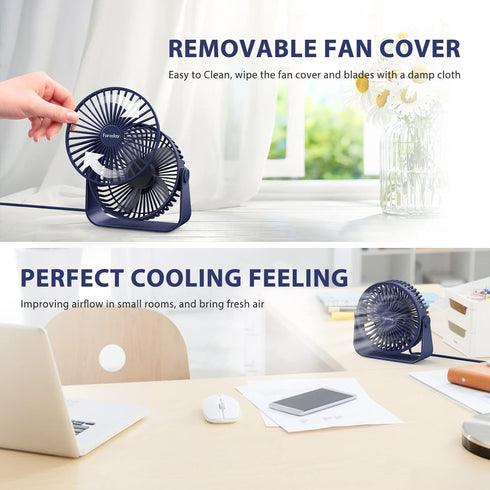 FARADAY USB Desk Fans 5 Inches Portable Table Fans 360° Head Rotation Small Personal Desktop Fan for Home Office, 3 Speeds, Navy Blue...