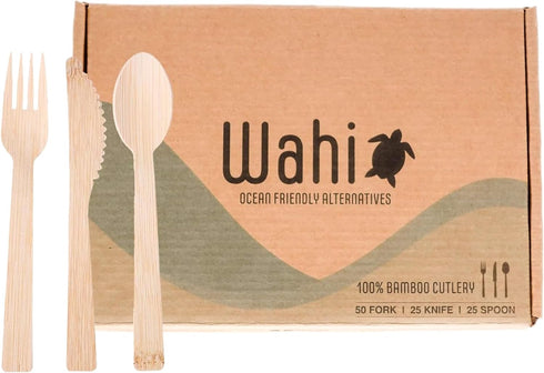 HAWAII 100 pc Bamboo Utensil Cutlery Set Disposable, 100% Compostable Eco-Friendly Biodegradable, Wood Like, Natural (50 forks, 25 spoons, 25 kniv...
