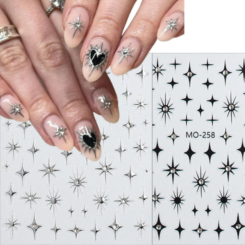 Star Nail Stickers 3D Self-Adhesive Black Silver Star Nail Art Stickers Shiny Crystal Starshine with Rhinestones Nail Design Star Stickers Nail Su...