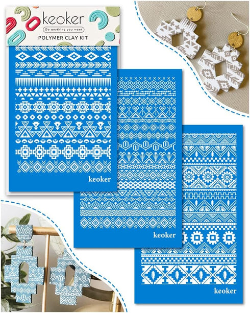 Keoker Aztec Silk Screen Stencils for Polymer Clay, 3PCS Aztec Silk Screen for Polymer Clay, for Printing on Jewelry Clay Earrings Decoration, Eac...