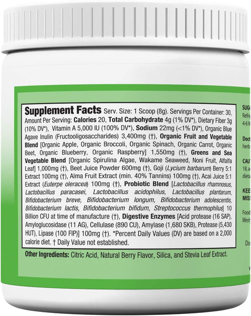 Doctor Recommended Greens Powder – Whole Food Nutritional Supplement – Probiotics and Digestive Enzymes – Berry Taste – Gluten-Free, Non-GMO, Dair...