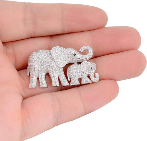 Cute Mother and Baby Elephants Brooch Pins Crystal Rhinestone Animal Kingdom Breastpin Broach...