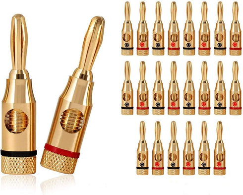 24K Gold Plated Speaker Banana Plugs – 12 Pairs/ 24 pcs – Open Screw Type, for Speaker Wire, Home Theater, Wall Plates and More (12 Red, 12 Black)...
