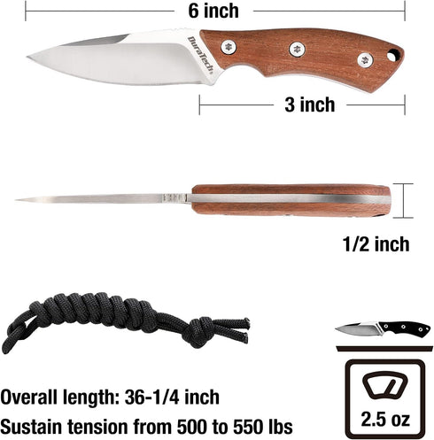 DURATECH Compact Fixed Blade Knife, 6-inch Neck Knife, 3-inch Blade, Full Tang, Wood Handle with Molded Sheath, Necklace and Paracord included, fo...