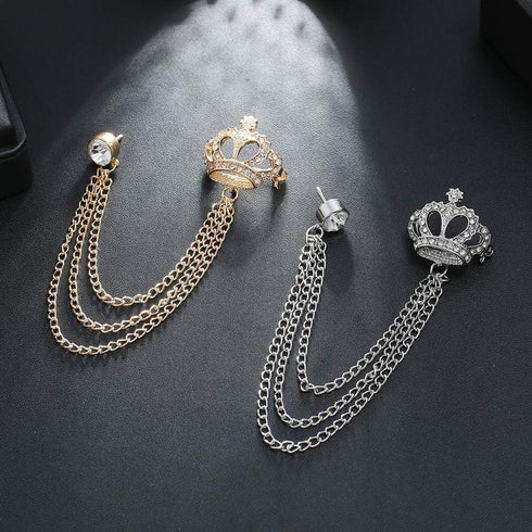 Rhinestone Crown Long Chain Brooch.Gold Silver Tassel Brooch Pin,Retro Crystal Suit Pins Collar Coat Pin for Men's Accessories Pin Husband Gifts...