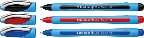Schneider Slider Memo XB (Extra Broad) Ballpoint Pen, 1.4 mm, Light Blue Barrel, Assorted Ink Colors, Pack of 3 Pens: Black, Red, Blue (150293)...