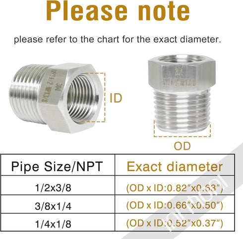 stainless steel reducer Hex bushing, 3/8 male to 1/4 female NPT thread reducing adapter for water line gas oil air hose fuel hydraulic pipe fittin...