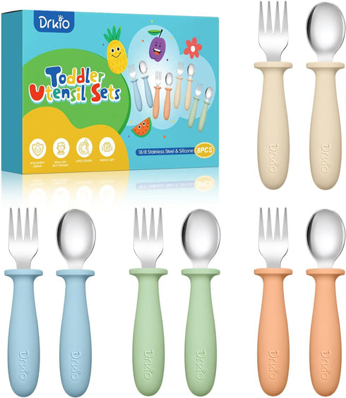 8 Pieces Toddler Utensils Set - Kids Silverware Set with Silicone Handle Children Safe 18/8 Stainless Steel Forks and Spoons Anti-Choke Design Foo...