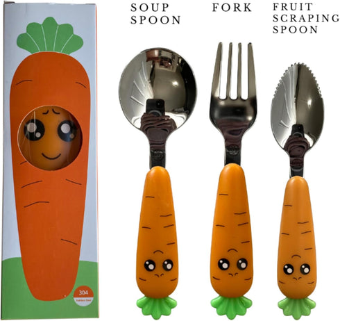 Baby Spoons with Fork | 3 Pcs Easy Grip Baby Cutlery Set with Case | Stainless Steel Toddler Utensils | Carrot Shaped Kids Silverware | Children's...