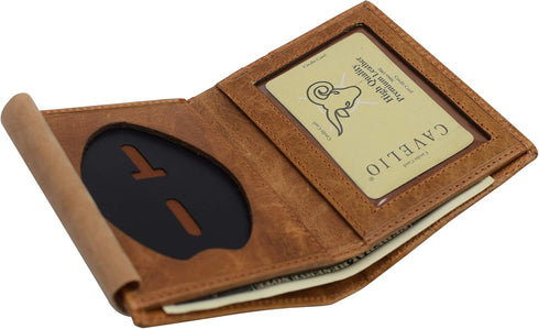 USA RFID Leather Slim Thin Bifold ID Money Wallet Oval Shape Badge Holder (Tan)...