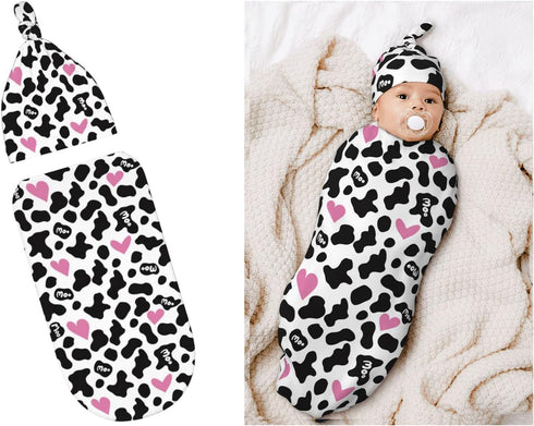 Cow Print Pink Heart Baby Stuff Newborn Swaddle and Hat Set Stretchy Soft Funny Baby Receiving Blanket Gifts for Infant Baby Boy Girl...