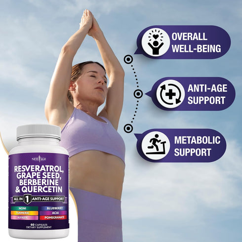 NEW AGE Resveratrol 6000mg Berberine 3000mg Grape Seed Extract 3000mg Quercetin 4000mg - Polyphenol Supplement for Women and Men with Noni Extract...