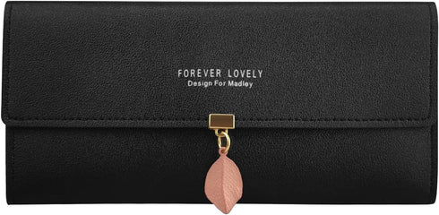 FuninCrea Purses for Women with Leaf Pendant, PU Leather Ladies Purse with Metal Snap Button, Bifold Womens Purse Long Leather Purse with Multiple...