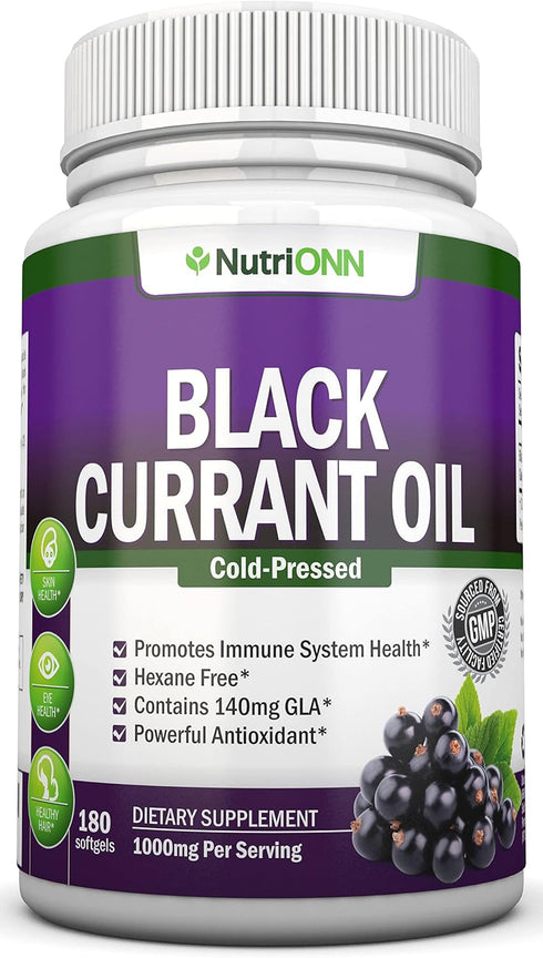 Black Currant Oil - 1000 Mg - 180 Softgels - Cold-Pressed Pure Black Currant Seed Oil - Hexane Free - 140mg GLA Per Serving - Regulates Hormonal B...