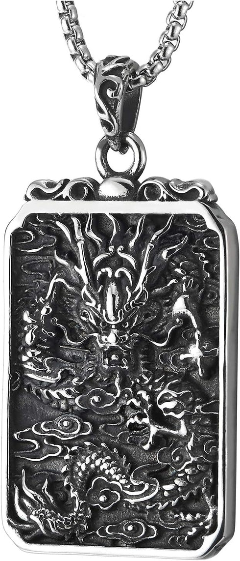 COOLSTEELANDBEYOND Mens Steel Vintage Flying Dragon Chinese Character Dog Tag Pendant Necklace Oxidized Black, Two-side...