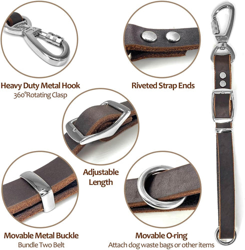 Leather Short Dog Leash,Adjustable Length Dog Leads,Extra Thick Genuine and Heavy-Duty Hardware Handmade Assembled with Extension Function Strong ...