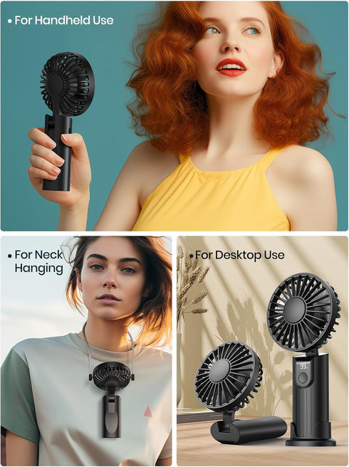 Portable Handheld Fan, 5000mAh Battery Operated Fan with LED Display, Hand Held/Neck/Desk 3 in 1 Small Personal Mini Fan 180° Foldable USB Recharg...