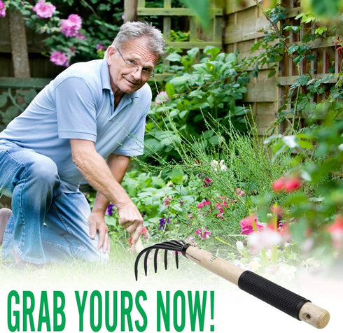 Garden Rake with Ergonomic Wooden Handle for Firm Grip, Military Grade Steel Gardeners Tine Cultivator Wood Japanese Ninja Claw Rake for Perfect P...