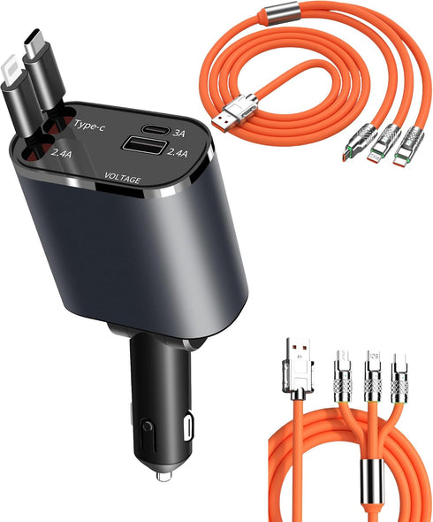 Retractable Car Charger, 4 in 1 Fast Charge Car Phone Charger 100W, Retractable Cables(2.6ft) for iPhone & Type-C, Cigarette Lighter Adapter for i...