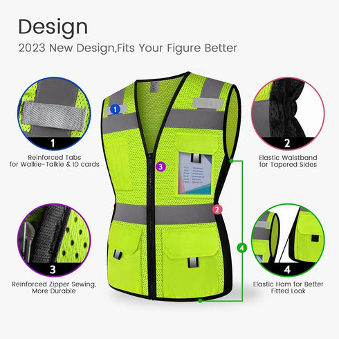 Reflective Vest for Women, Mesh Womens Safety Vest with 11 Pockets and Zipper, Hi Vis Neon Construction Work Vest for Lady Surveyors/Workers, Snug...