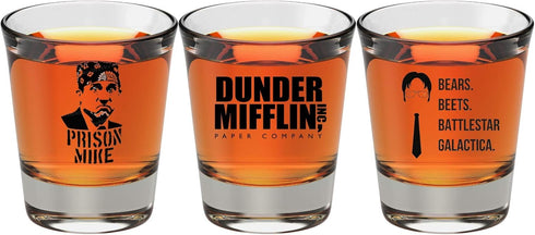 The Office Merchandise Shot Glass Gift Set - Prison Mike, Dunder Mifflin, & Bears Beets Battlestar Galactica - The Office Gifts for Men and Women...