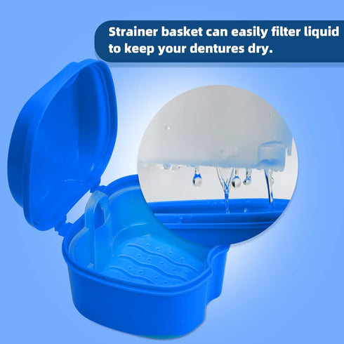 Denture Cup Dental Retainer Case Cleaning with Strainer Basket, Orthodontic Bath Box Mouthguard Storage Soaking Holder - Dark Blue...