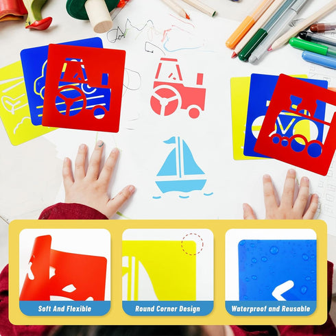 24 Pieces Stencils for Kids 5.9 x 5.5 Inches Drawing Stencils Chalk Stencils Large Washable Vehicles Themed Primary Shape Template for Kids Toddle...