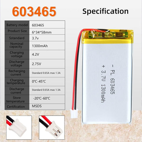 3.7V 1300mAh 603465 Lipo Battery Rechargeable Lithium Polymer ion Battery Pack with JST Connector...