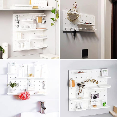 Pegboard Shelf Set with Hooks,Small Plastic Floating Shelves Wall Organizer for Desk, Office, Bathroom, Entryway and Kitchen, No Drilling...